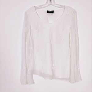 Vintage JMD New York White Beaded Sheer Blouse - Size Large Office Party Evening